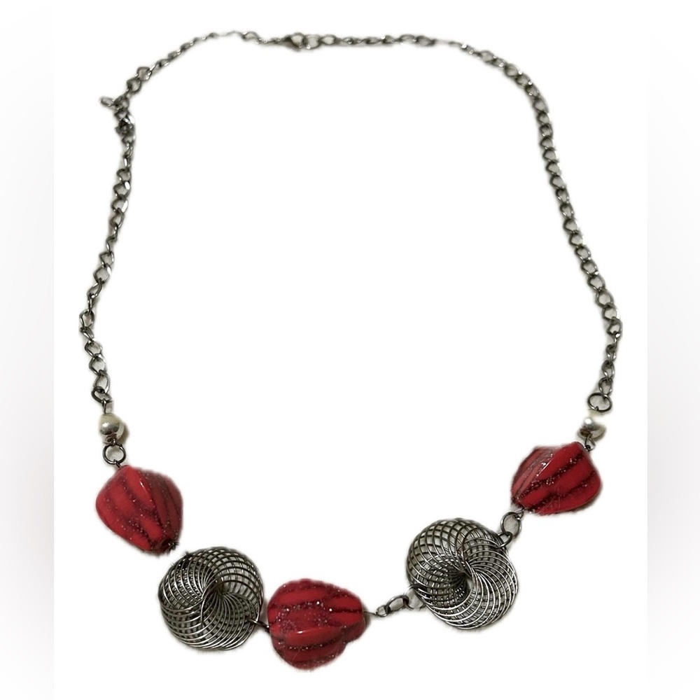 Red-orange Beaded Statement Necklace - Women's Fashion Jewelry length total 29 “